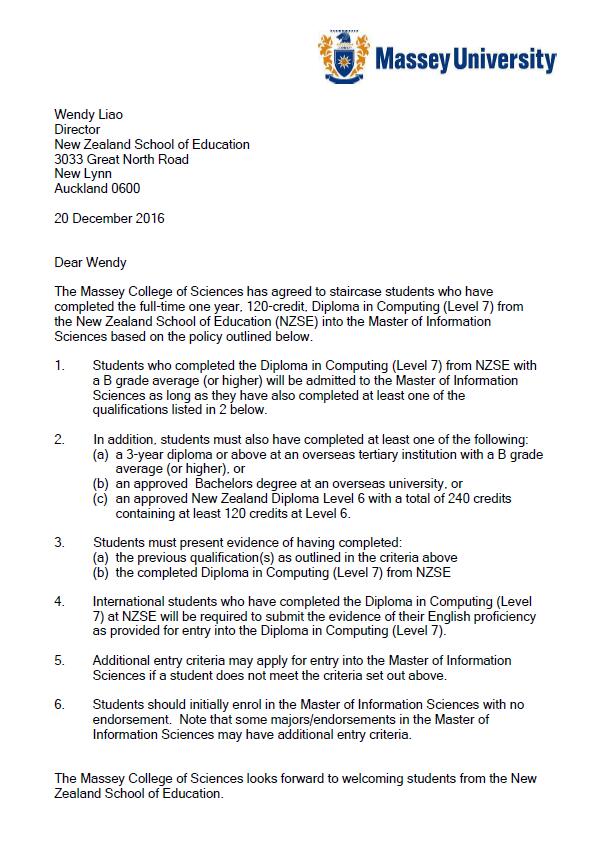 盈科留學新疆分公司獲得梅西大學IT專升碩認證信Diploma in Computing Level 7